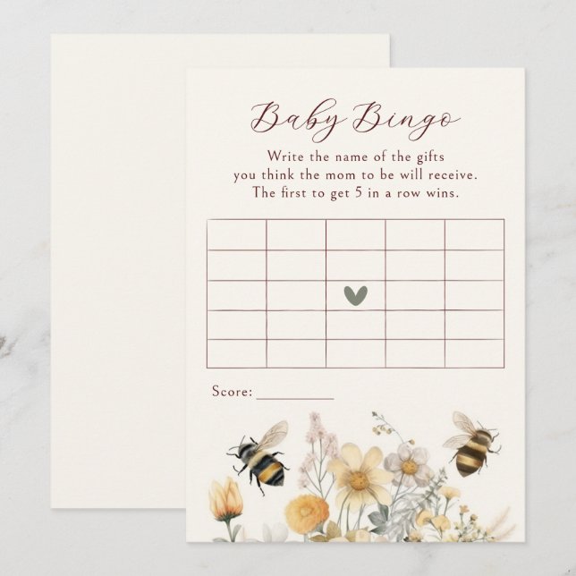 Invitation Baby Bingo Baby shower Jeu Bee Fleur sauvage Flora (Devant / Derrière)