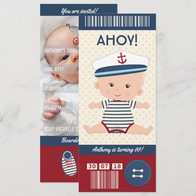 Invitation Baby Birthday Nautical Boarding Pass Photo du bill (Devant / Derrière)