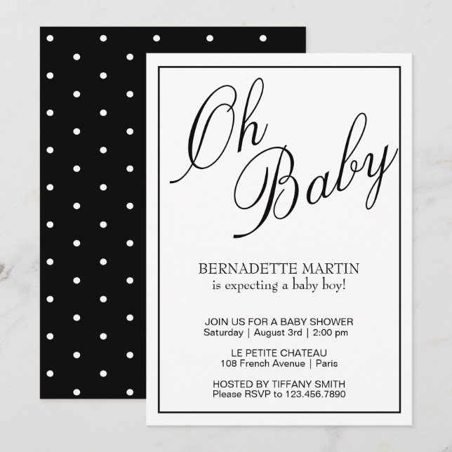 Invitation Baby Black et White Elegant Baby Shower (Devant / Derrière)