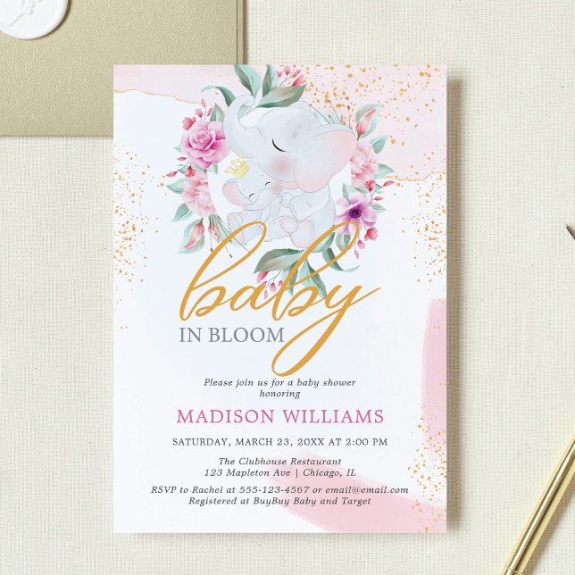 Invitation Baby Bloom Elephant Élégant baby shower fille (Créateur téléchargé)