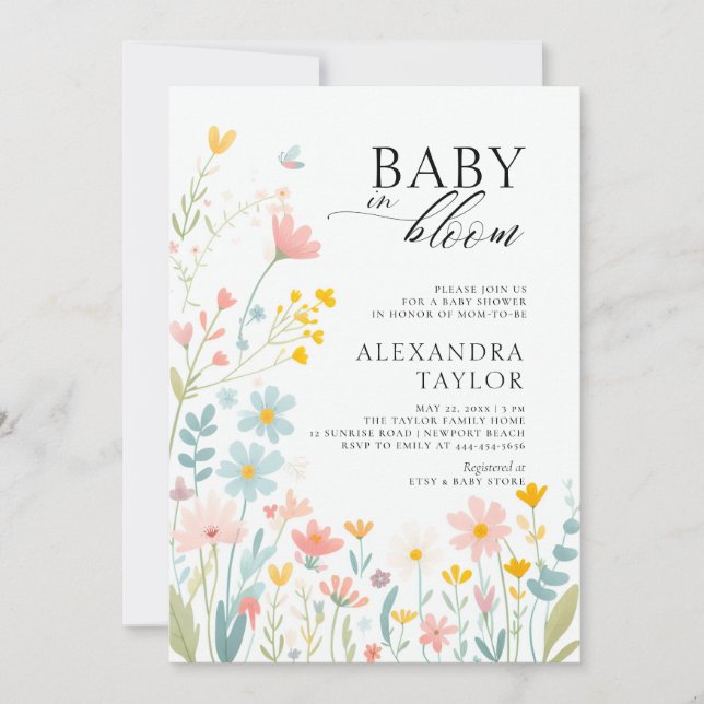 Invitation Baby Bloom Pastel Fleur sauvage Boho Baby Girl Dou (Devant)