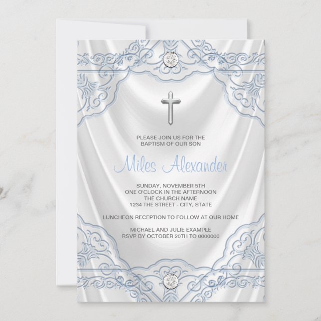 Invitation Baby Blue Baptism Christening White Satin (Devant)