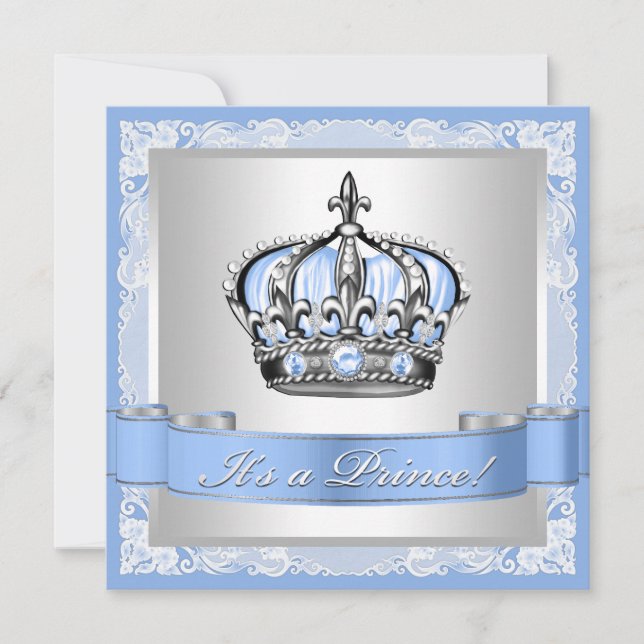 Invitation Baby Blue et Prince Silver Fête de Naissance (Devant)