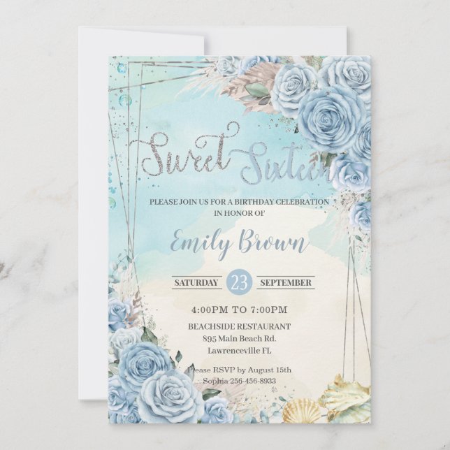 Invitation Baby Blue Floral Beach Pampas Sweet 16 Anniversair (Devant)