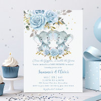 Baby Blue Floral Cute Elephants Twins Baby shower