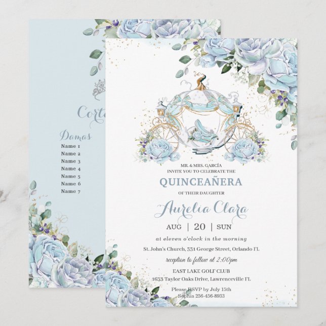 Invitation Baby Blue Floral Princess Coach Quinceanera Court (Devant / Derrière)