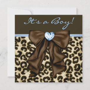Invitation Baby Blue Marron Léopard Fête de Naissance Garçon