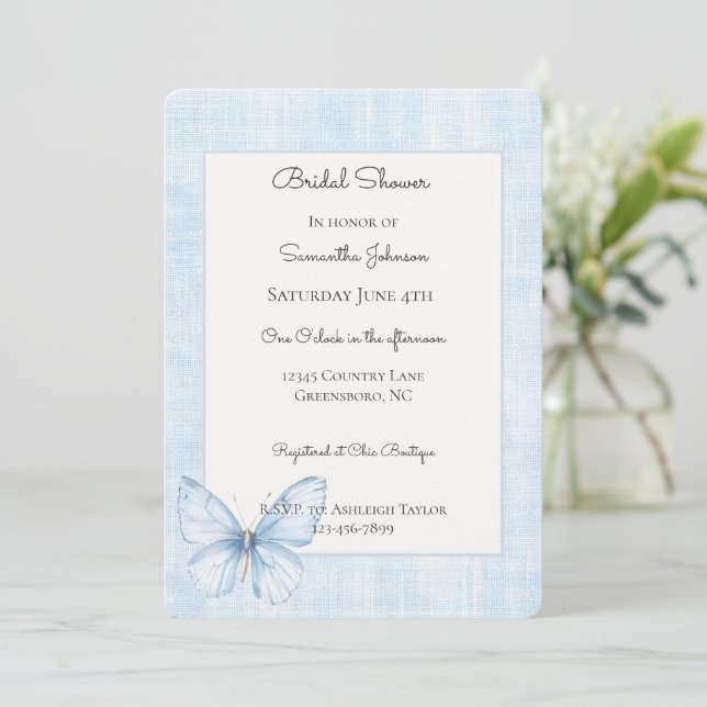 Invitation Baby Blue Papillon Faux Lin Bridal Shower (Debout devant)