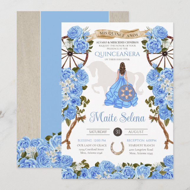 Invitation Baby Blue Quinceanera Élégant Rose Western Charra (Devant / Derrière)
