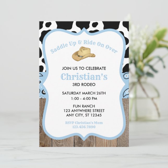 Invitation Baby Blue Rodeo Wild West Cowboy Anniversaire (Debout devant)