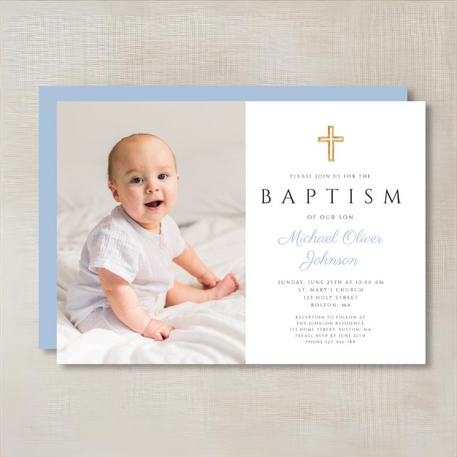 Invitation Baby Blue Script moderne Croix Boy Photo Baptême (Modern Baby Blue Script Cross Boy Photo Baptism Invitation)