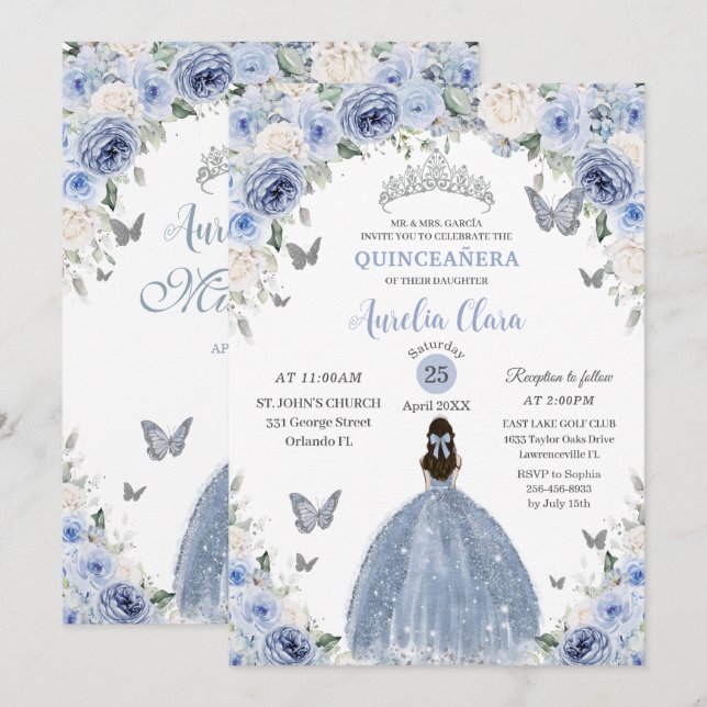 Invitation Baby Blue White Floral Princess Quinceañera XV 16 (Devant / Derrière)
