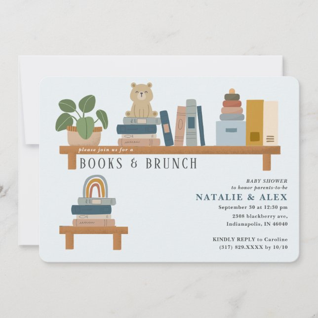 Invitation Baby Book Shelf Blue Boy Baby shower (Devant)