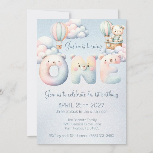 Invitation Baby Boy 1st Birthday Teddybear Air Balloon Clouds (Devant)