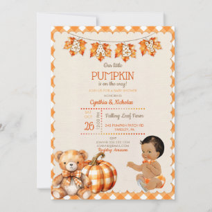 Invitation Baby Boy Automne Plaid Teddy Bear Citrouille Feuil