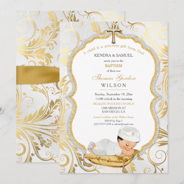 Invitation Baby Boy Baptism Christening Gold Cross (Devant / Derrière)