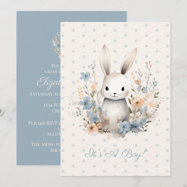Invitation Baby Boy Blue Rabbit and Flowers Baby shower (Devant / Derrière)