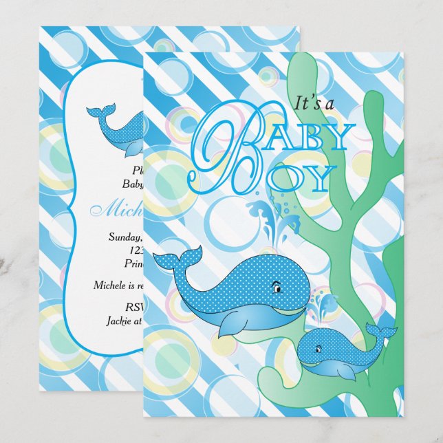 Invitation Baby Boy Blue Whale Baby shower (Devant / Derrière)