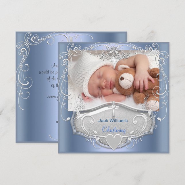 Invitation Baby Boy Christening Baptême Croix Bleue Argent (Devant / Derrière)