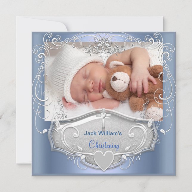 Invitation Baby Boy Christening Baptême Croix Bleue Argent (Devant)