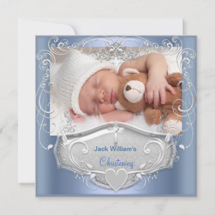 Invitation Baby Boy Christening Baptême Croix Bleue Argent