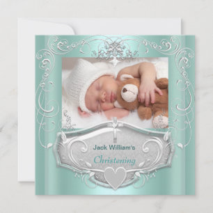 Invitation Baby Boy Christening Baptême Mint Silver Cross