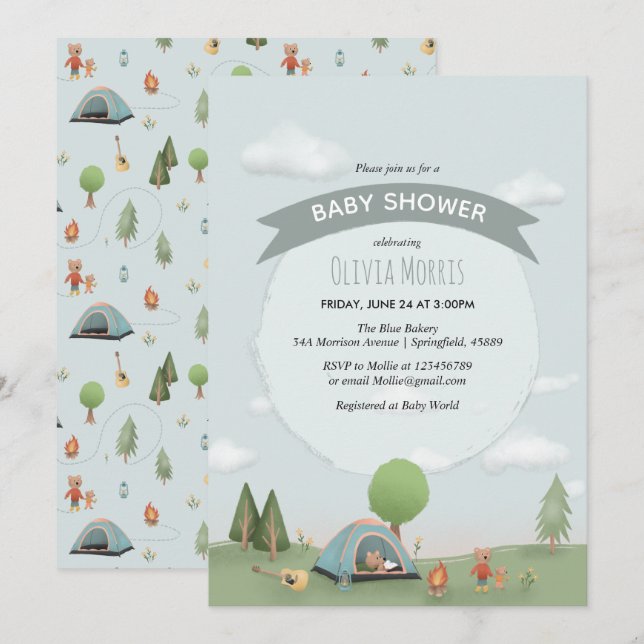 Invitation Baby Boy Cute Blue Camping Forêt Baby shower Ours (Devant / Derrière)