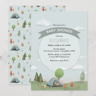 Invitation Baby Boy Cute Blue Camping Forêt Baby shower Ours