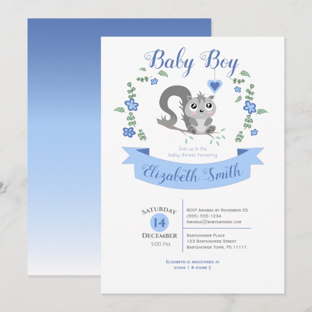 Invitation Baby Boy Cute squirrel baby shower (Devant / Derrière)