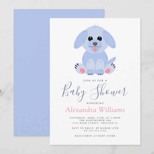 Invitation Baby Boy Douche Bleu Chiot Personnalisé (Devant / Derrière)