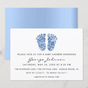 Invitation Baby Boy Douche Pieds Parties scintillant Bleu Bla