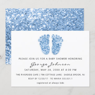 Invitation Baby Boy Douche Pieds Parties scintillant Bleu Bla