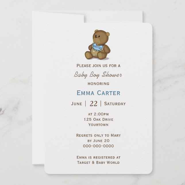 Invitation Baby Boy Douche Teddy Ours (Devant)