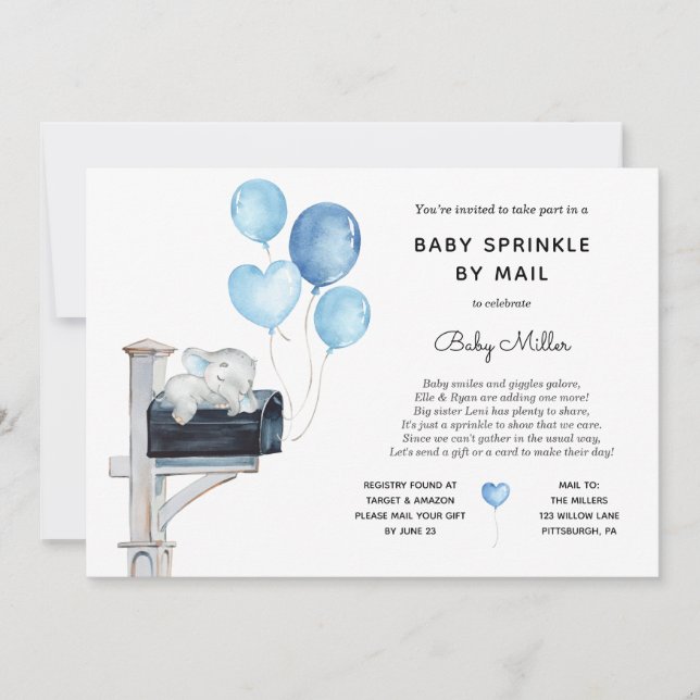 Invitation Baby Boy Elephant Baby Sprinkel par courrier (Devant)