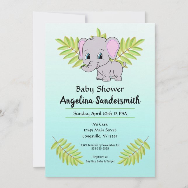 Invitation Baby Boy Elephant Blue Ombre mignon Baby shower (Devant)