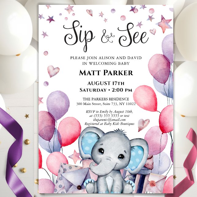 Invitation Baby Boy Elephant Festive Blue Balloon SIP ET VOIR (Créateur téléchargé)