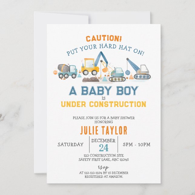 Invitation Baby Boy en construction, Baby shower Digger (Devant)
