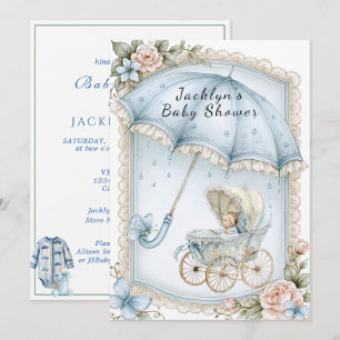 Invitation Baby Boy Fête Précipitation de Parapluie Bleu