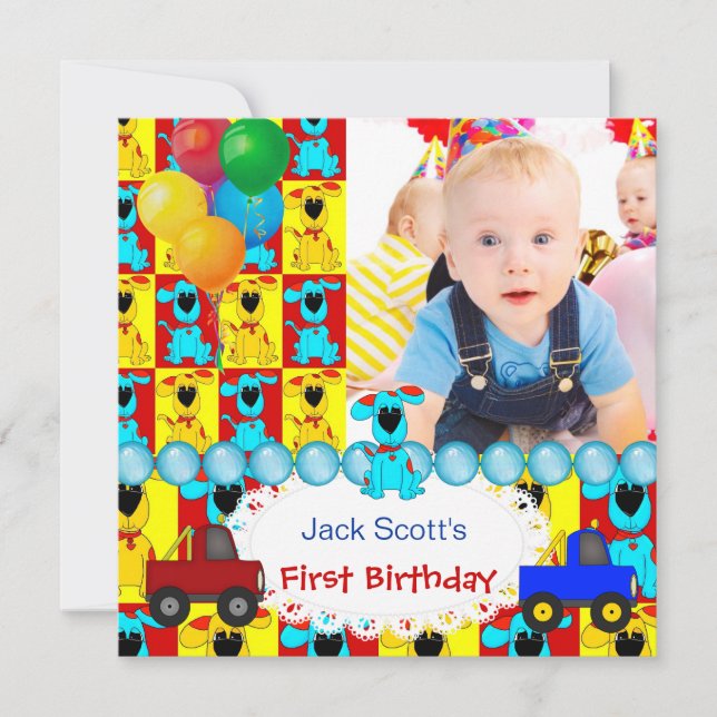 Invitation Baby Boy First Birthday 1er Colorful Chiens de chi (Devant)