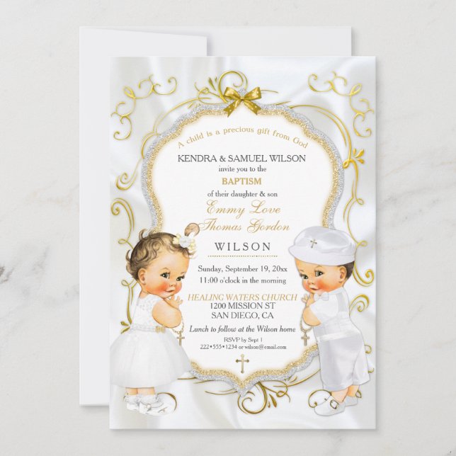 Invitation Baby Boy & Girl Twins Baptême Christening Gold (Devant)