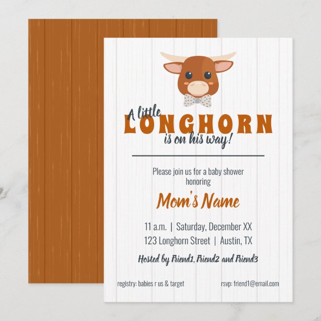 Invitation Baby Boy Longhorn Burnt Orange Baby shower (Devant / Derrière)