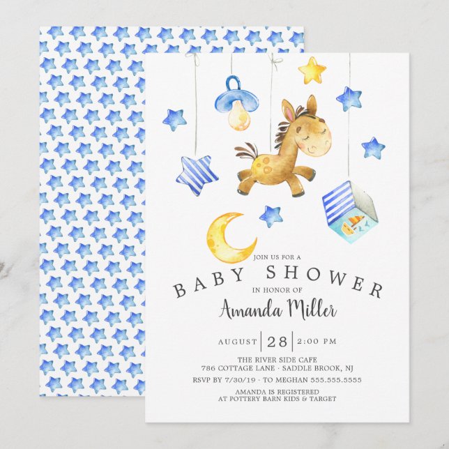 Invitation Baby Boy Mobile Baby shower Cheval (Devant / Derrière)