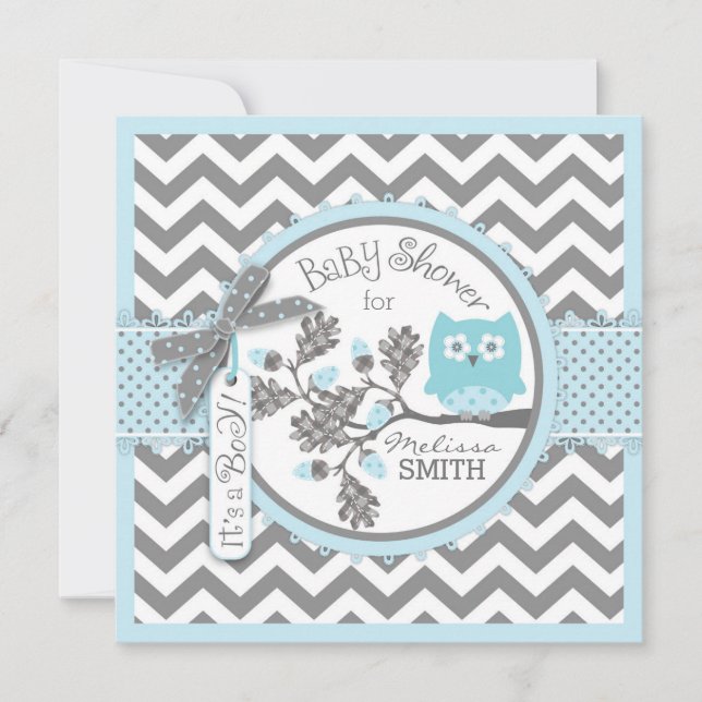Invitation Baby Boy Owl Chevron Baby shower d'impression (Devant)
