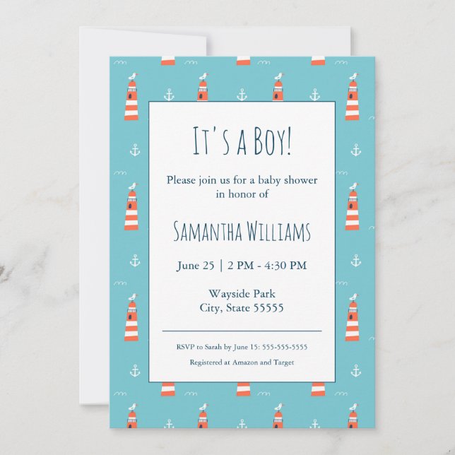 Invitation Baby Boy Phare et Motif d'Ancres sur Blue (Devant)