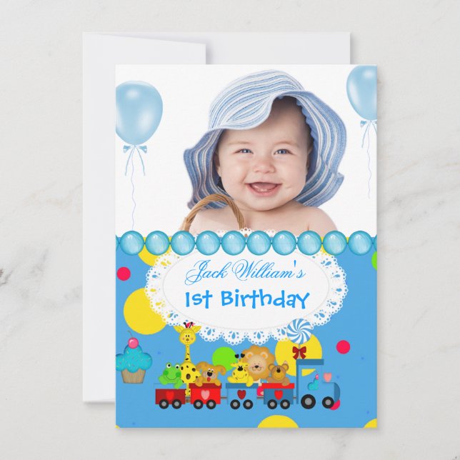 Invitation Baby Boy Premier anniversaire 1er train Bleu (Devant)