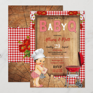 Invitation Baby Boy Red En vichy Wood Flowers Baby Q Barbecue
