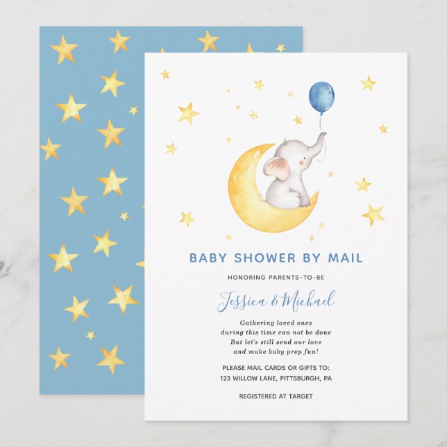 Invitation Baby Boy Star Elephant Baby shower par courrier (Devant / Derrière)