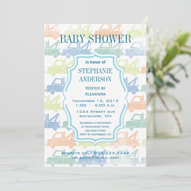 Invitation Baby Boy Tow Truck Douche (Debout devant)