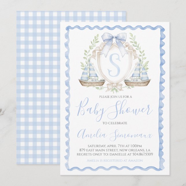 Invitation Baby Boy Voilier Douche Preppy Nautical Blue (Devant / Derrière)