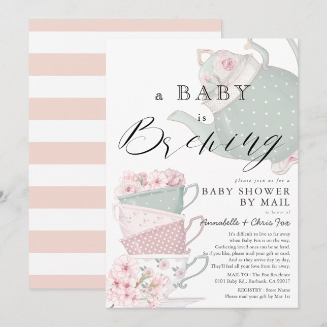 Invitation Baby Brewing Pink Tea Party Baby shower par courri (Devant / Derrière)